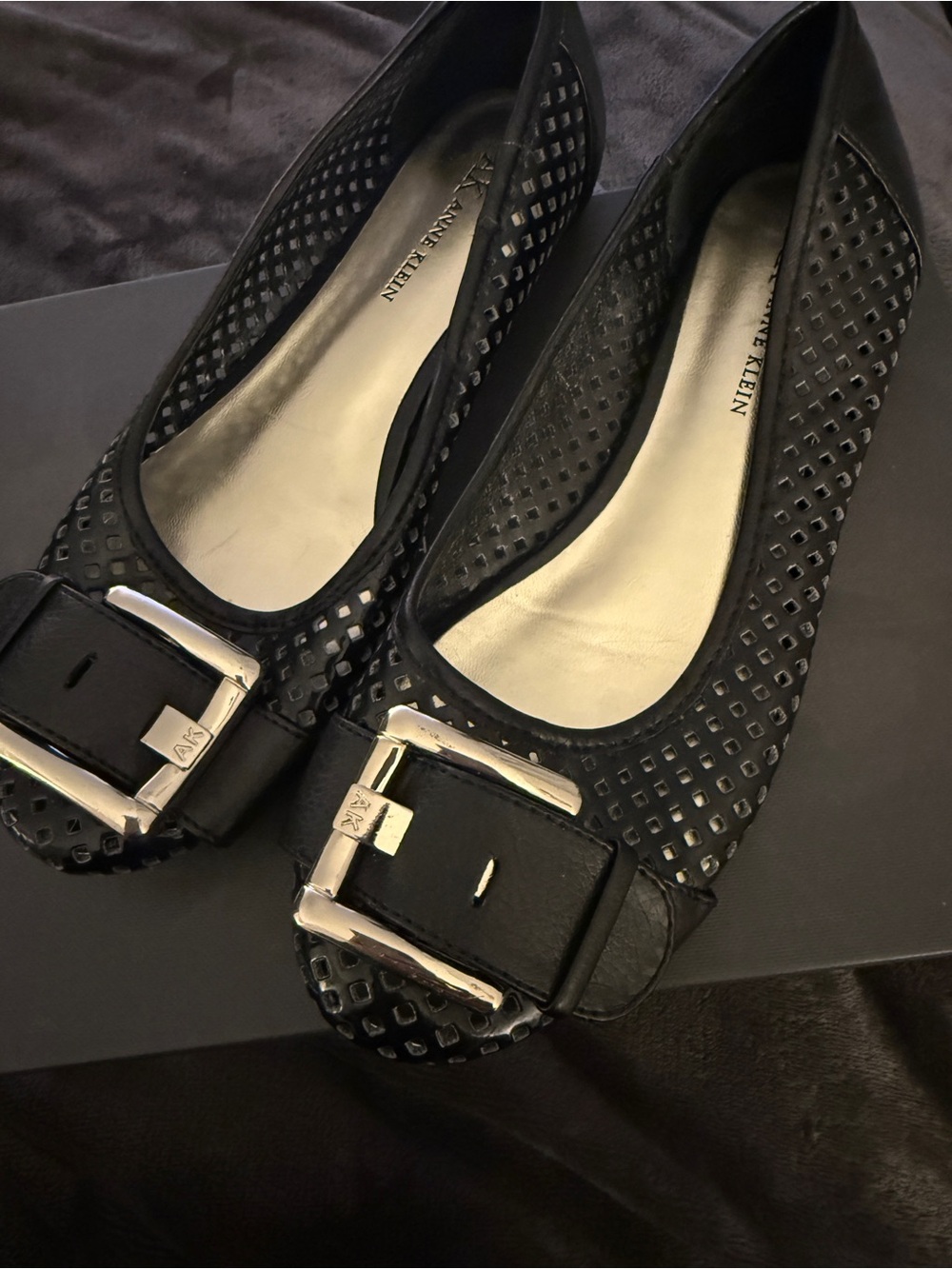 Anne Klein Black Perforated Buckle Ballet Flats